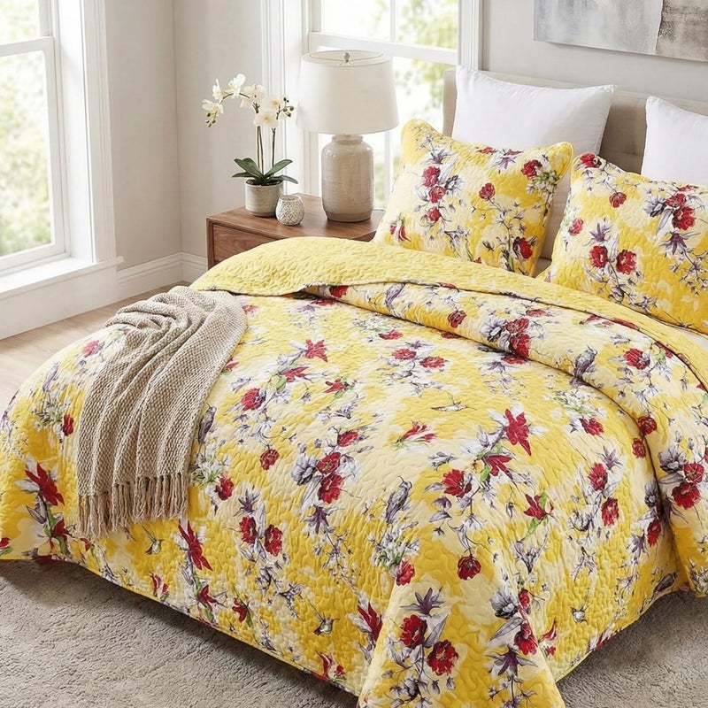 DaDa Bedding Radiant Sunshine Yellow Floral Bedspread Set - Hummingbirds Farmhouse Red Flowers Garden Quilted Coverlet - Scalloped Edges Bright Vibrant Multi-Colorful - Cal King - 3-Pieces - Image 1